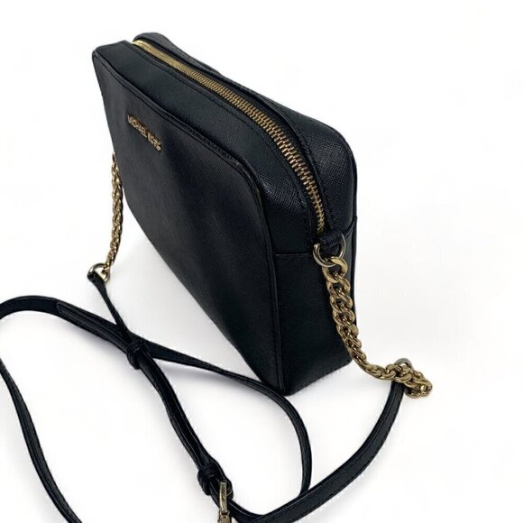 MICHAEL KORS Leather Jet Set East West Crossbody Bag With Chain Strap Black/Gold - Picture 6 of 13